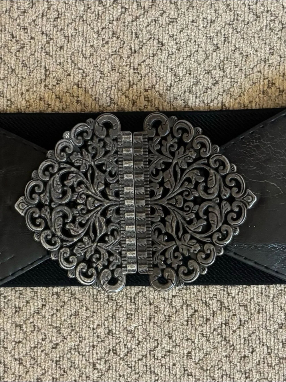 Black Wide Elastic Belt with Ornate Silver Filigree Buckle